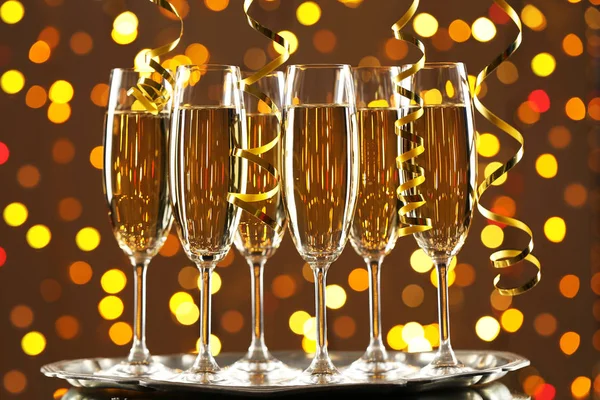 Champagne Glasses Ribbon Lights Background — Stock Photo, Image