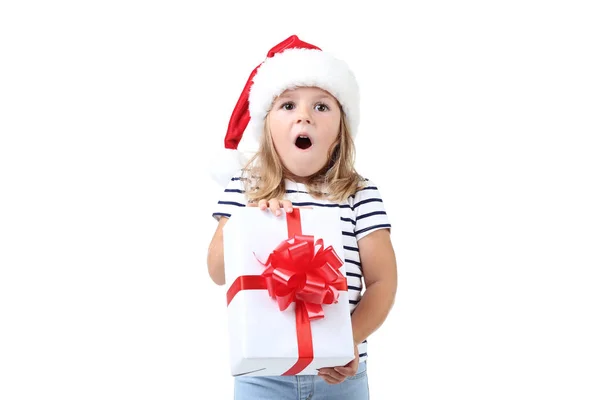 Menina Feliz Segurando Caixa Presente Fundo Branco — Fotografia de Stock