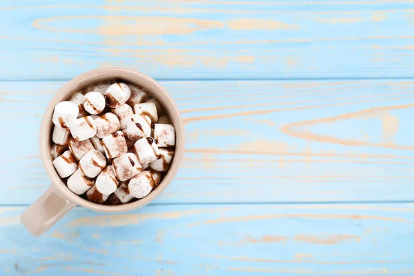 Cappuccino Marshmallows Cup Blue Wooden Table — Stock Photo, Image