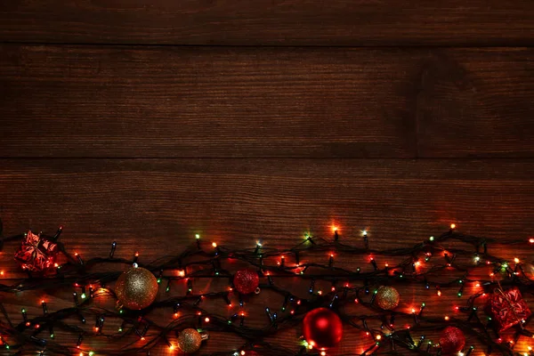 Garland Lights Christmas Decorations Brown Wooden Table — Stock Photo, Image