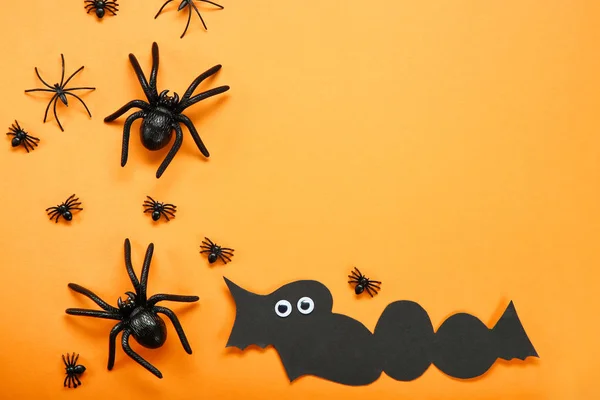 Halloween Decorations Black Spiders Orange Background — Stock Photo, Image