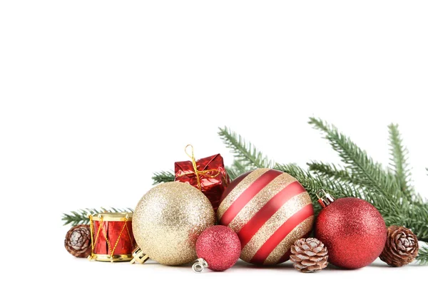 Boules Noël Colorées Avec Branches Sapin Sur Fond Blanc — Photo