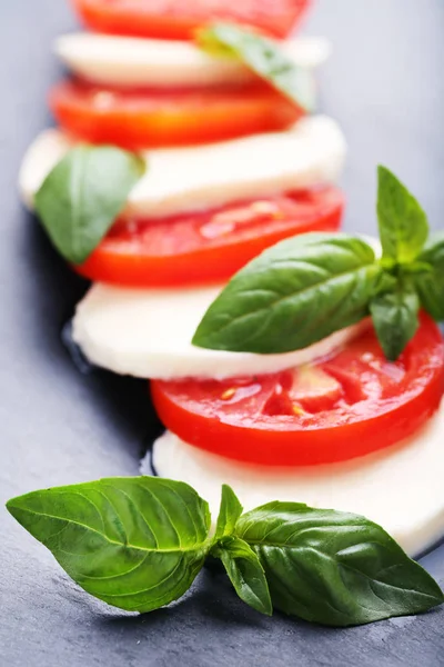 Mozzarella Pomodori Foglie Basilico Fondo Grigio — Foto Stock