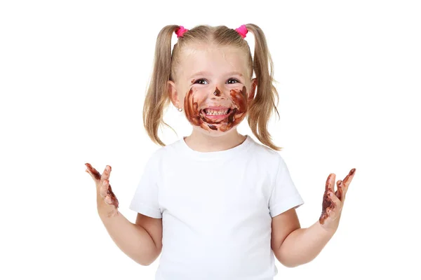 Ευτυχισμένη Κοριτσάκι Στη Σοκολάτα Λευκό Φόντο — Φωτογραφία Αρχείου