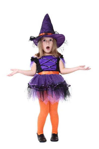 Genç Kız Beyaz Arka Plan Üzerinde Halloween Kılık — Stok fotoğraf