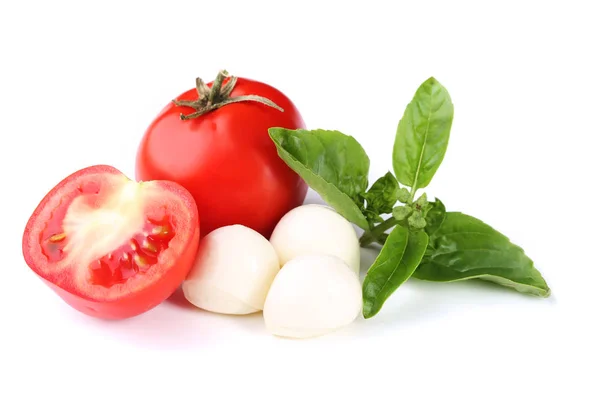 Mozzarella Tomates Hojas Albahaca Aisladas Sobre Fondo Blanco —  Fotos de Stock