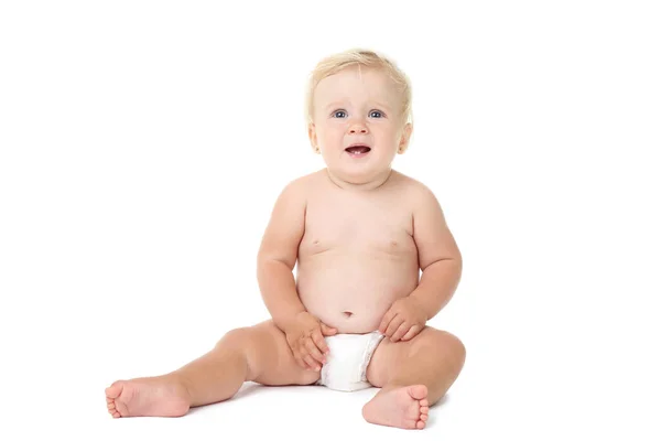 Babymeisje Zit Witte Achtergrond — Stockfoto