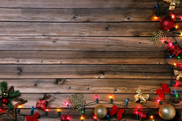 Garland Lights Christmas Decorations Brown Wooden Table — Stock Photo, Image