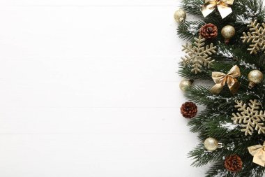 Beyaz arka plan üzerinde süslemeleri ile Noel köknar ağacı dalları