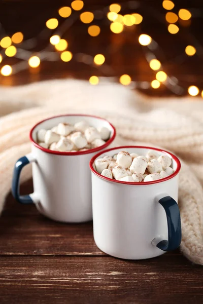 Cappuccino Marshmallows Knitted Clothes Bokeh Lights Background — Stock Photo, Image