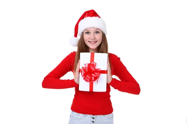 Молода Дівчина Капелюсі Санта Тримає Подарункову Коробку Білому Тлі — стокове фото