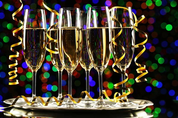 Champagne Glasses Ribbon Lights Background — Stock Photo, Image