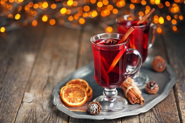 Mulled Wine Glasses Spices Wooden Table — Stock Photo, Image