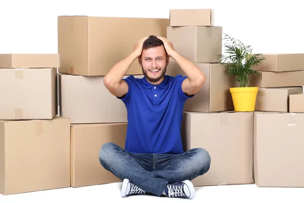 Hombre Joven Con Cajas Cartón Planta Verde Sobre Fondo Blanco — Foto de Stock