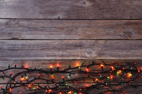 Christmas Garland Lights Grey Wooden Table — Stock Photo, Image