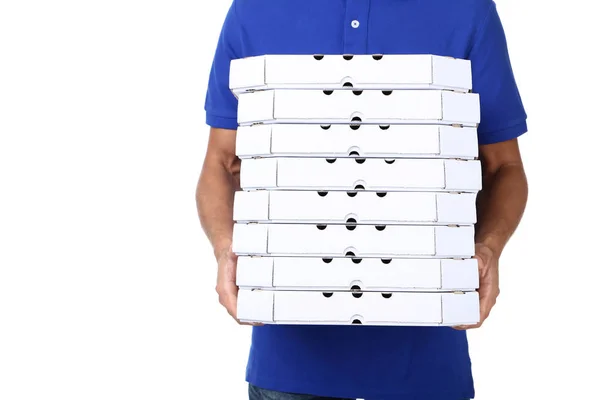 Entrega Homem Com Pizza Caixas Papelão Isolado Fundo Branco — Fotografia de Stock