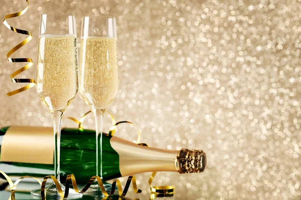 Champagne Bottle Glasses Lights Background — Stock Photo, Image