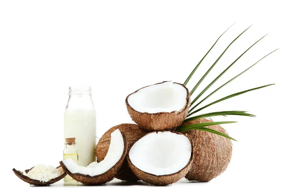 Leche Coco Botella Con Aceite Copos Sobre Fondo Blanco — Foto de Stock