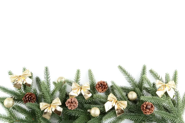 Christmas Fir Tree Branches Baubles Cones White Background — Stock Photo, Image