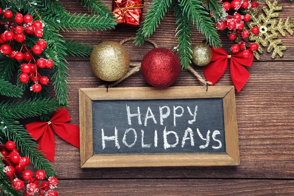 Inscriptie Happy Holiday Houten Frame Met Fir Tree Takken Kerstballen — Stockfoto
