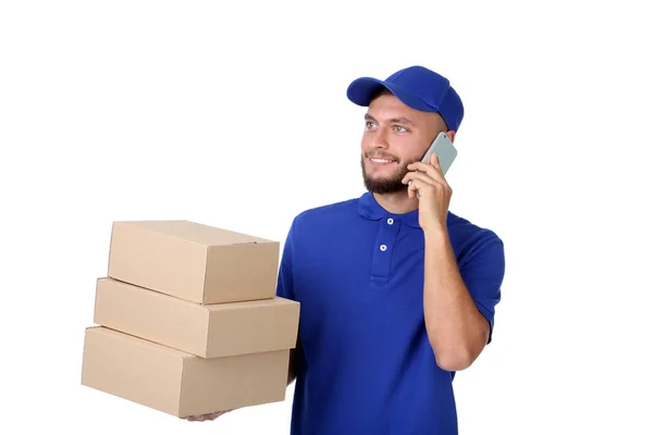Uomo Consegna Con Scatole Cartone Smartphone Isolato Sfondo Bianco — Foto Stock
