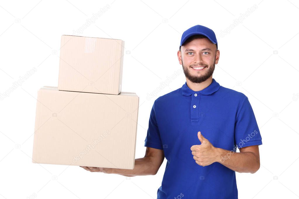 Delivery man with cardboard boxes isolated on white background