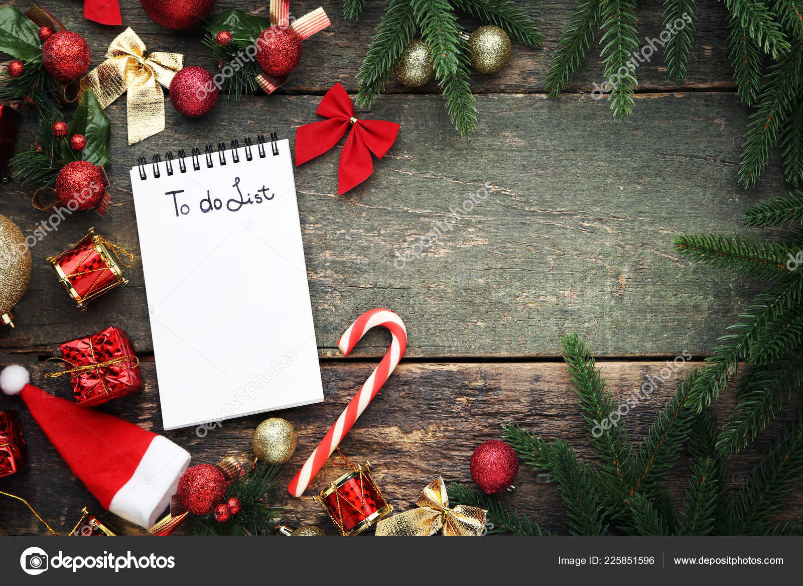 List Notepad Christmas Decorations Wooden Table Stock Photo C 5seconds 225851596