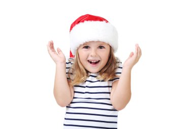 Beyaz arka plan üzerinde izole Noel Baba şapkası, küçük kız