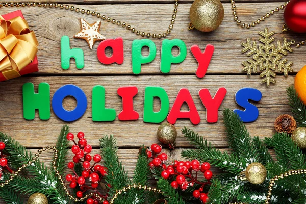Felirat Happy Holiday Fenyő Ágai Baubles — Stock Fotó