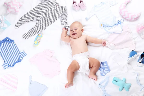 Baby Boy Fashion Clothes Lying White Bed — Stock Photo, Image