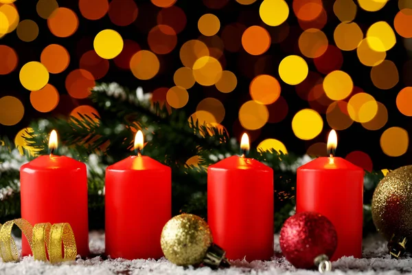 Christmas Candles Fir Tree Branches Bauble Lights Background — Stock Photo, Image