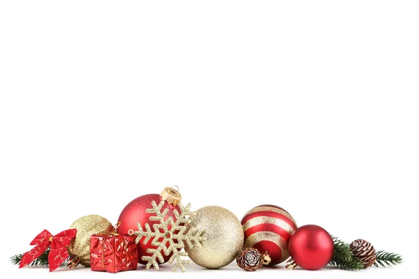 Kleurrijke Kerstballen Met Sneeuwvlok Geïsoleerd Witte Achtergrond — Stockfoto