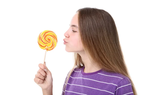 Menina Com Pirulito Fundo Branco — Fotografia de Stock