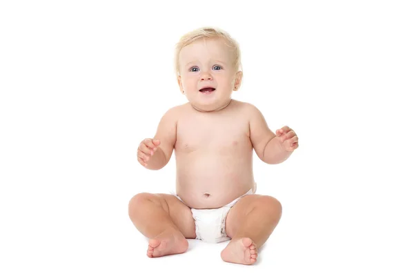Babymeisje Zit Witte Achtergrond — Stockfoto
