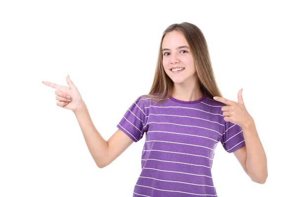 Menina Jovem Apontando Com Mãos Fundo Branco — Fotografia de Stock