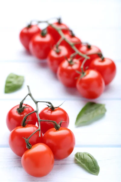 Tomates Cherry Con Hojas Albahaca Sobre Mesa Madera Blanca —  Fotos de Stock