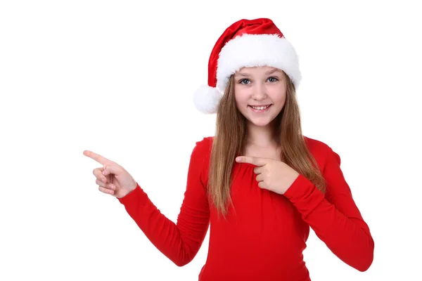 Beyaz Arka Plan Üzerinde Santa Şapkalı Genç Kız — Stok fotoğraf