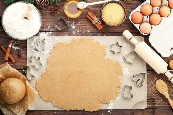 Förbereda Julen Cookies Brunt Träbord — Stockfoto