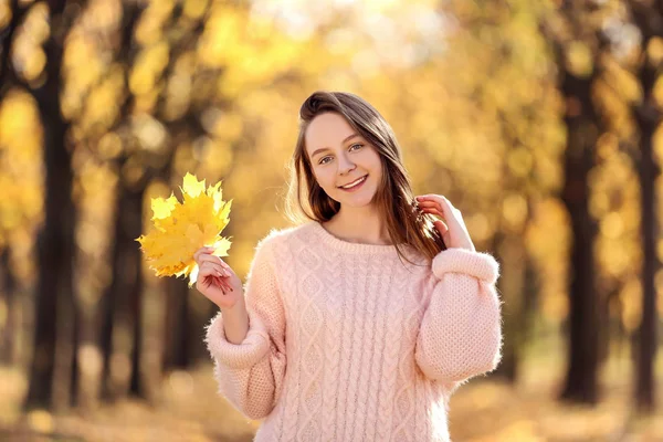 Jong Mooi Meisje Met Esdoorn Bladeren Herfst Park — Stockfoto