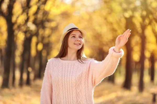 Mooi Meisje Met Hoed Herfst Park — Stockfoto