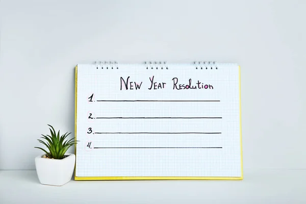 New Year Resolution Notepad Green Plant Grey Background — Stock Photo, Image