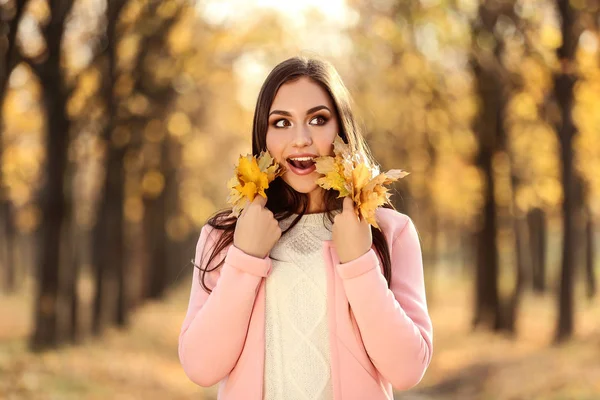 Mooie Vrouw Met Esdoorn Bladeren Herfst Park — Stockfoto