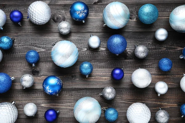 Silver Blue Christmas Baubles Wooden Table — Stock Photo, Image