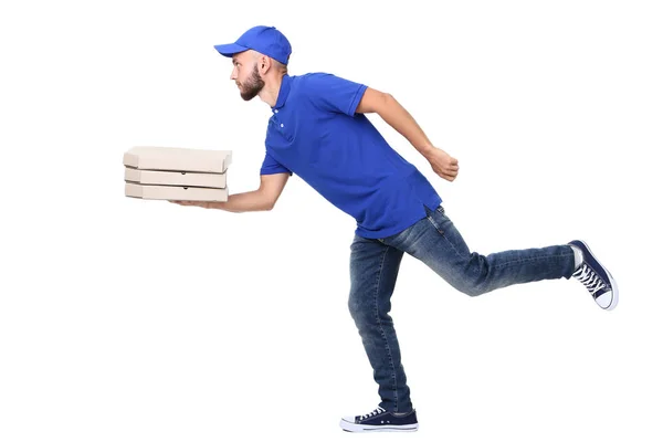 Teslimatçı Beyaz Arka Plan Üzerinde Izole Karton Kutular Içinde Pizza — Stok fotoğraf
