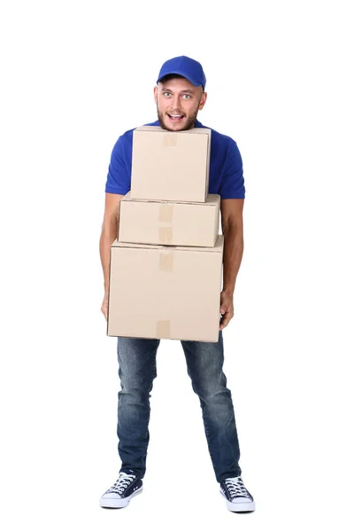 Delivery Man Κουτιά Από Χαρτόνι Που Απομονώνονται Λευκό Φόντο — Φωτογραφία Αρχείου