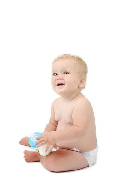 Baby Girl Bottle Milk White Background — Stock Photo, Image
