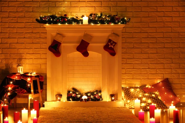 White Decorated Fireplace Stocking Socks Brick Wall Background — Stock Photo, Image