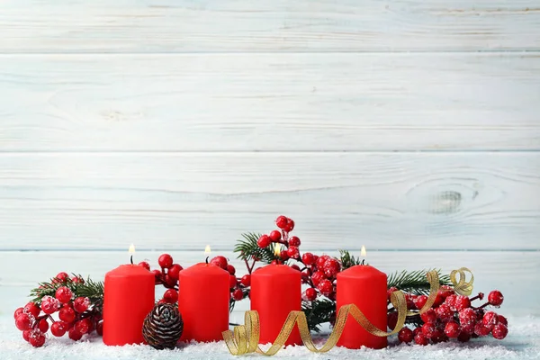 Christmas Candles Fir Tree Branches Berries Wooden Table — Stock Photo, Image