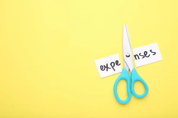 Paper Word Expenses Scissors Yellow Background — Stock Photo, Image