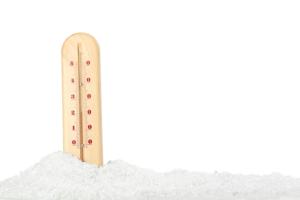 Thermomètre Bois Dans Neige Sur Fond Blanc — Photo